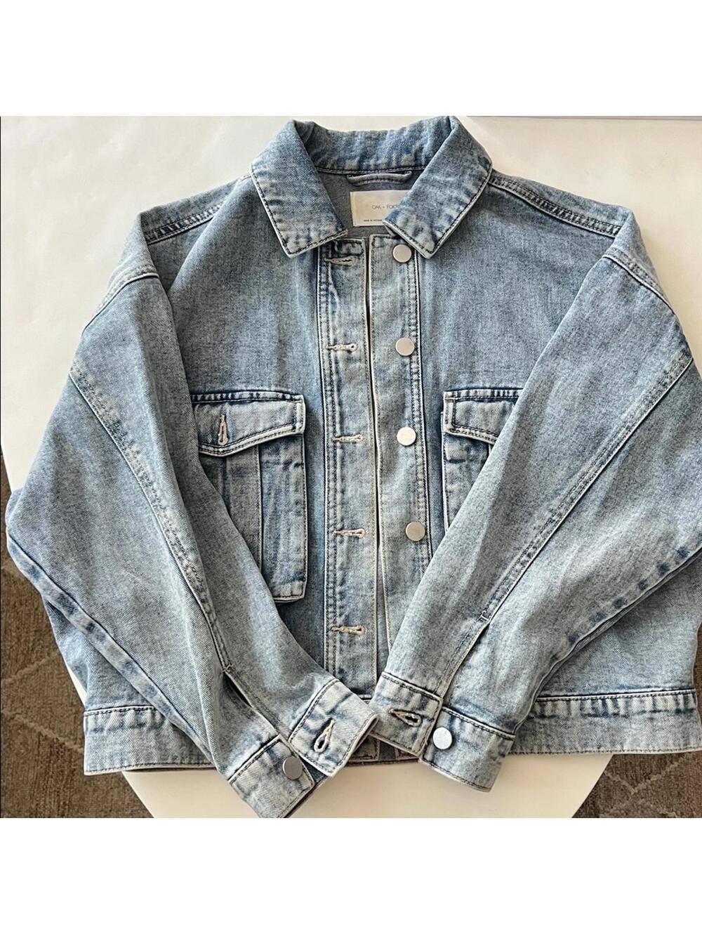 OAK + FORT Boxy Medium Acid Wash Cropped Heavyweight Denim Jean Jacket Small - Picture 2 of 6